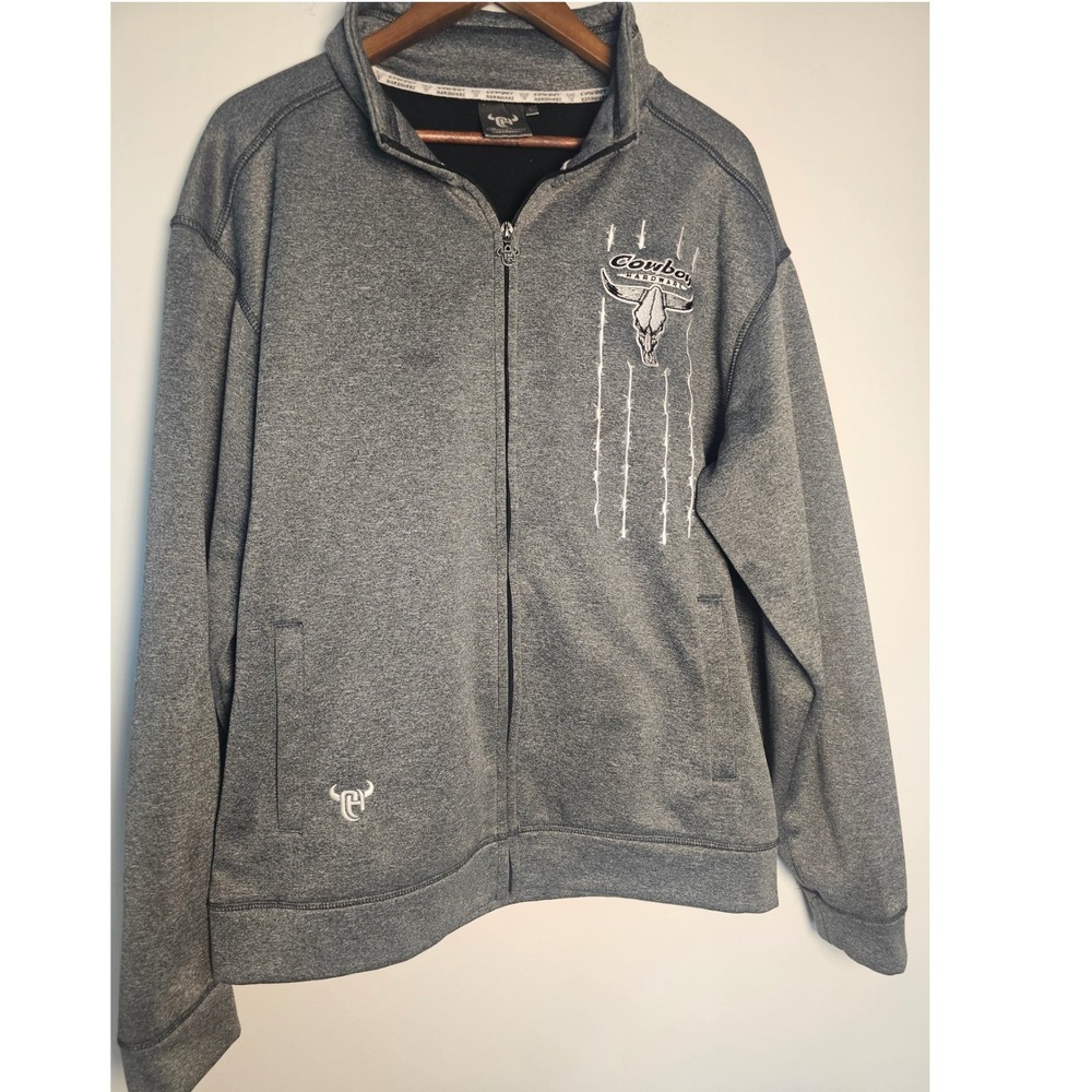 Western Cowboy Hardware Full Zip Jacket Mens Large Grey Bull Skull Barbed Wire